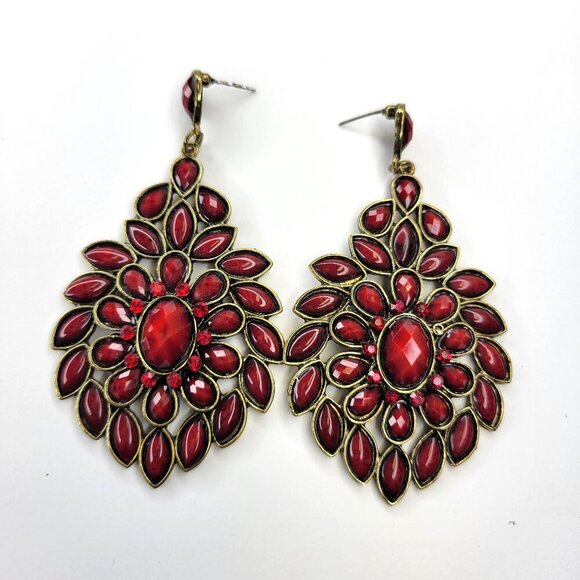 Long Red Cabochon Stone Stud Earrings - Picture 1 of 5